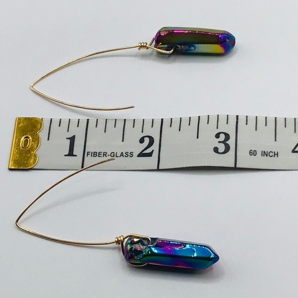 GEM Earrings Quartz Crystal Points Titanium Oil Slick Coating Ear Wire Boho - Picture 7 of 7